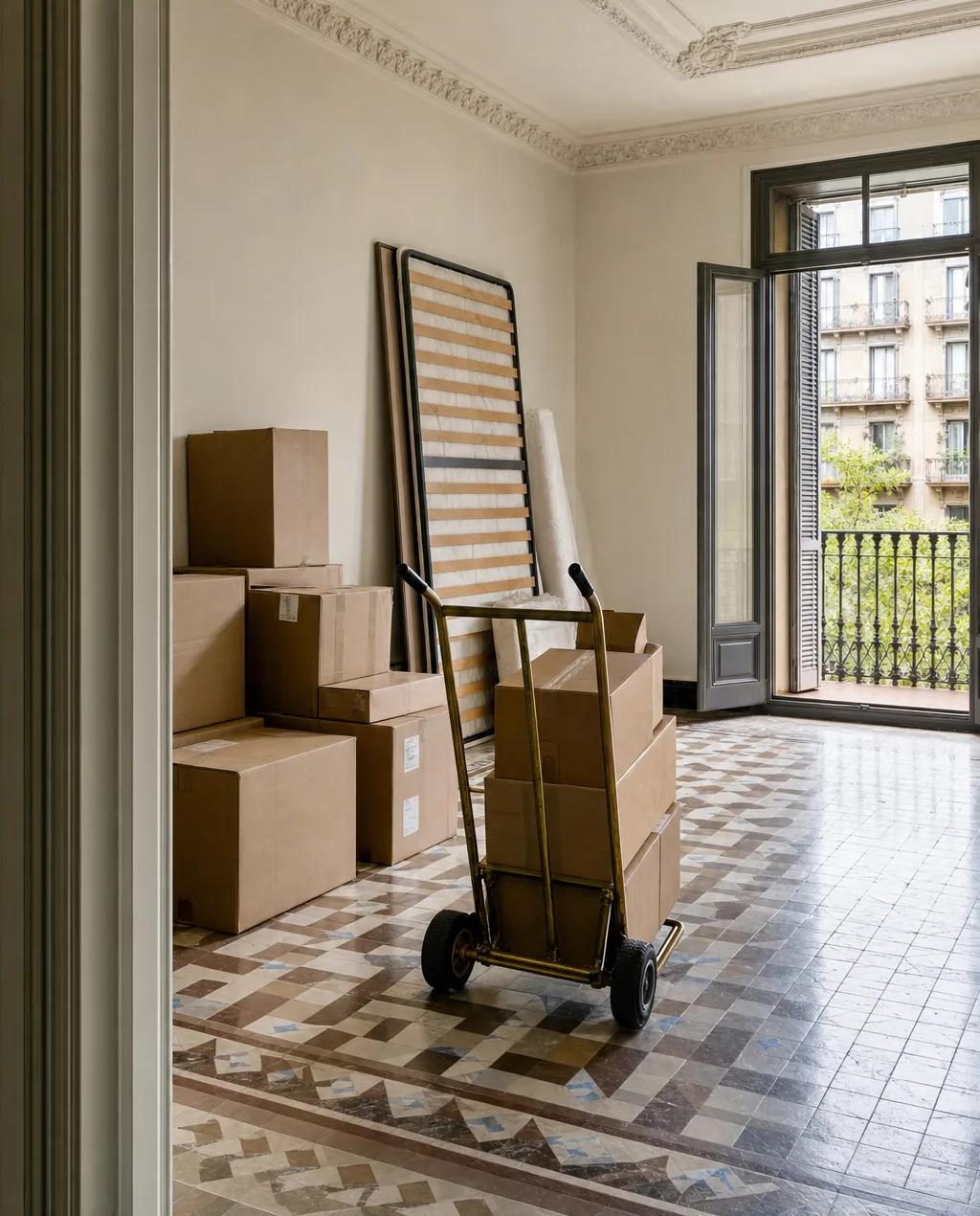 Piso del Eixample a medio vaciar: cajas etiquetadas apiladas, un somier desmontado apoyado en la pared y una carretilla cargada