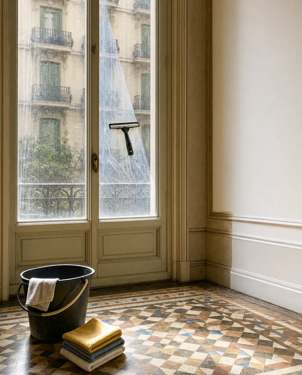 Cristal de un piso vacío del Eixample fregándose con escurridor, con cubo y paños de microfibra sobre el suelo de mosaico