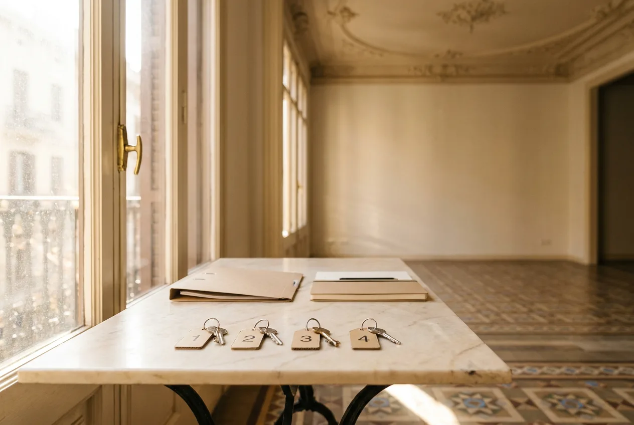 Cuatro juegos de llaves con etiquetas numeradas alineados sobre una mesa de mármol junto a la galería de un piso del Eixample